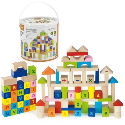 Viga Toys Klocki Drewniane Edukacyjne 100 elem. Cyferki Literki